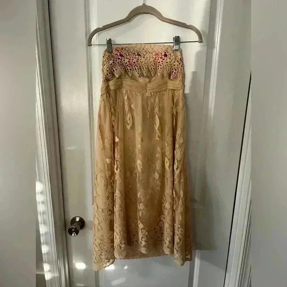 NWT Anthropologie Zehavale Women’s Beige Lace Floral Strapless Dress - Size 8